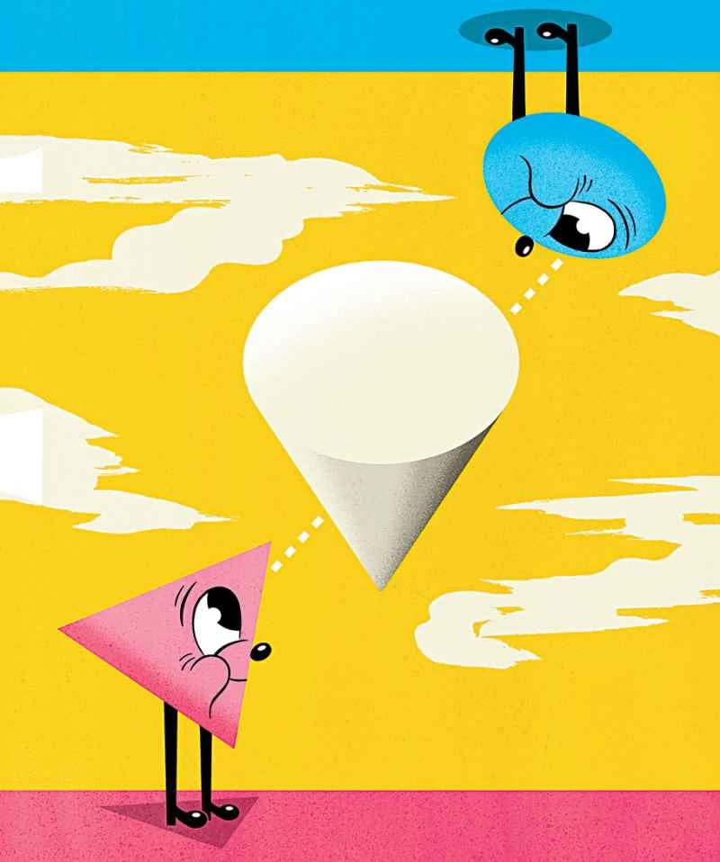 粉紅色三角形和藍色圓圈注視著一個圓錐體