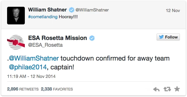 羅塞塔發給威廉夏特納的推文截圖