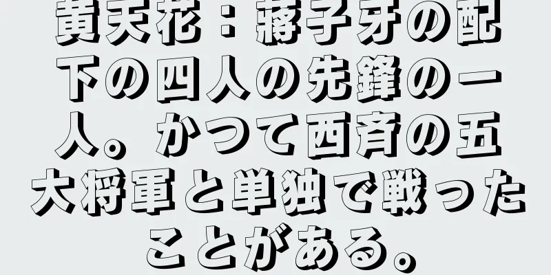 黄天花：蔣子牙の配下の四人の先鋒の一人。かつて西斉の五大将軍と単独で戦ったことがある。